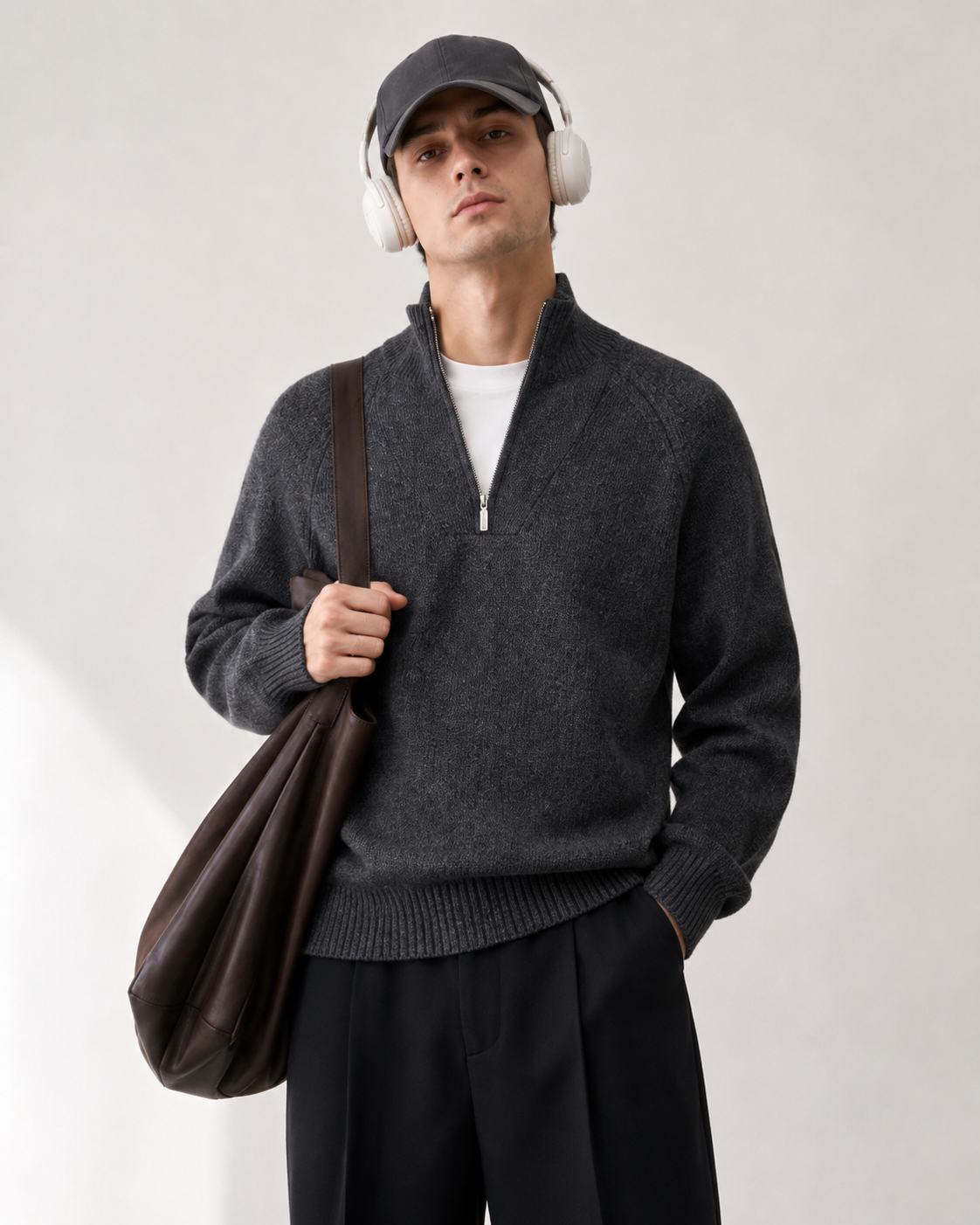 Unisex Wool Blend Half-Zip Stand Collar Sweater
