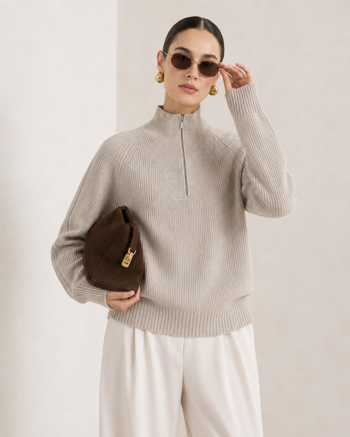 Unisex Wool Blend Half-Zip Stand Collar Sweater