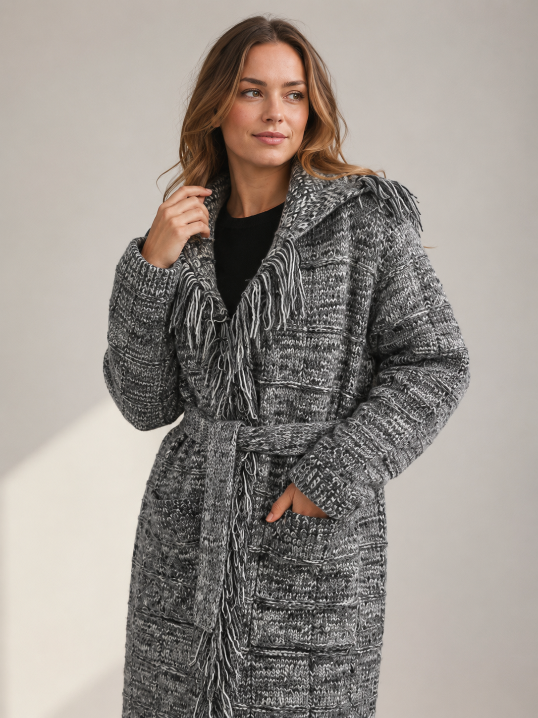 Women's Wool Blend Long Cardigan Sweater with Fringe Detail Belt