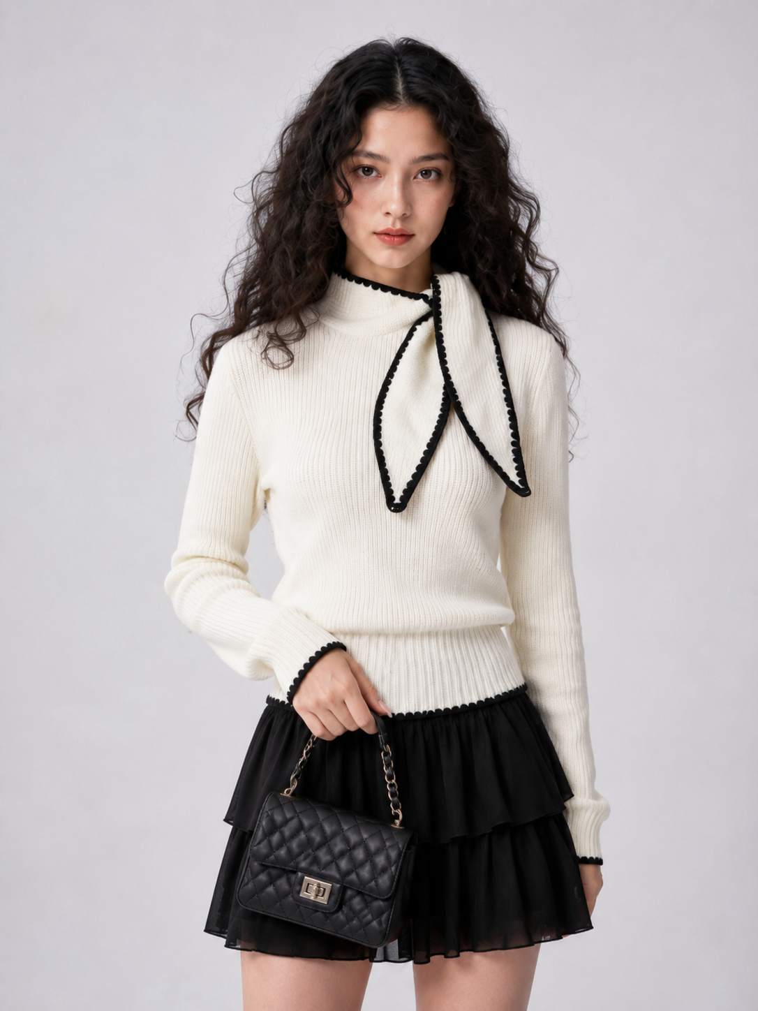 Women’s French Style High Neck Bow Knit Top