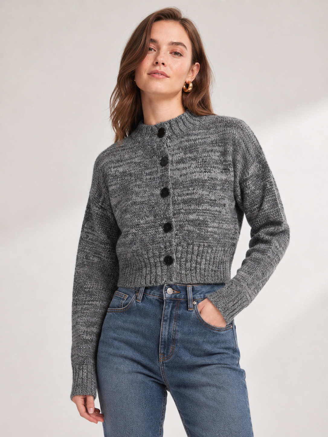 Women's Wool Blend Short Cardigan Sweater Crew Neck Button Knitwear