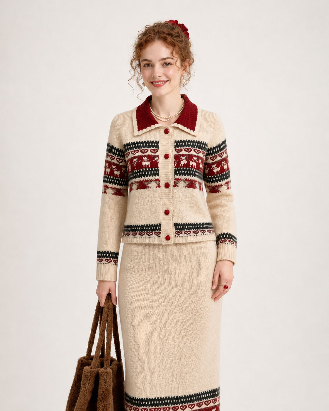 Women’s Fair Isle Knit Cardigan & Skirt Set