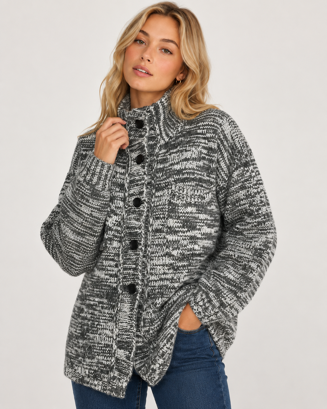 Unisex Wool Blend High Neck Knit Cardigan Sweater Button Front