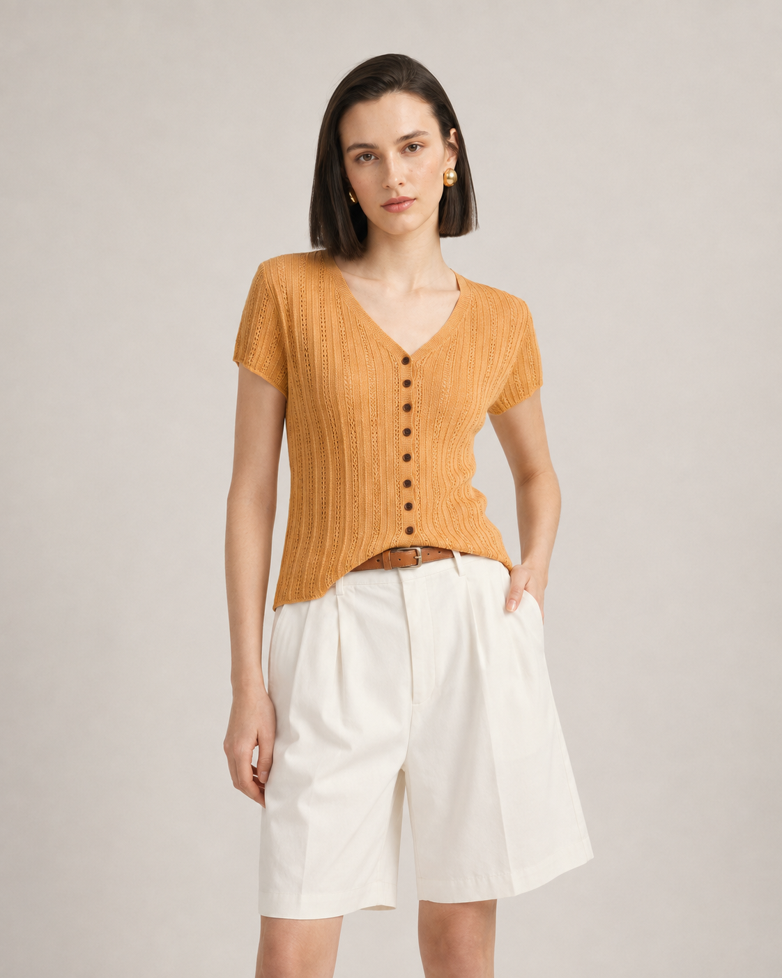 Women’s V-Neck Short Sleeve Openwork Knit Top