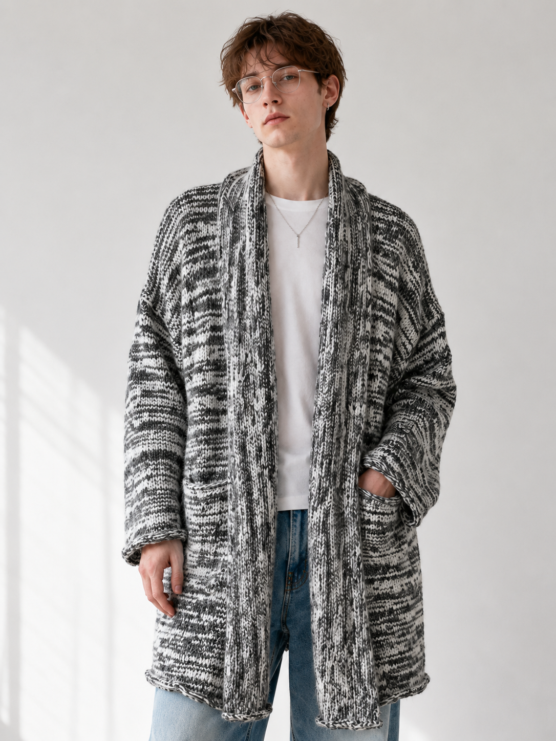 Unisex Wool Cashmere Blend Chunky Knit Cardigan Sweater Oversized Open Front
