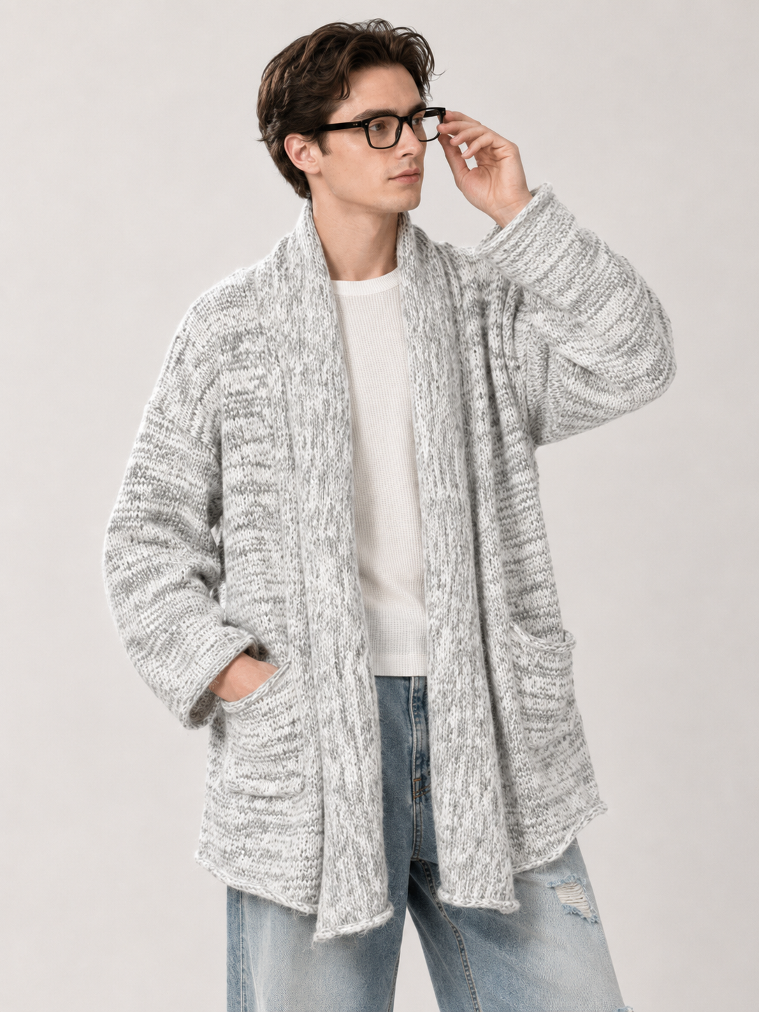 Unisex Wool Cashmere Blend Chunky Knit Cardigan Sweater Oversized Open Front