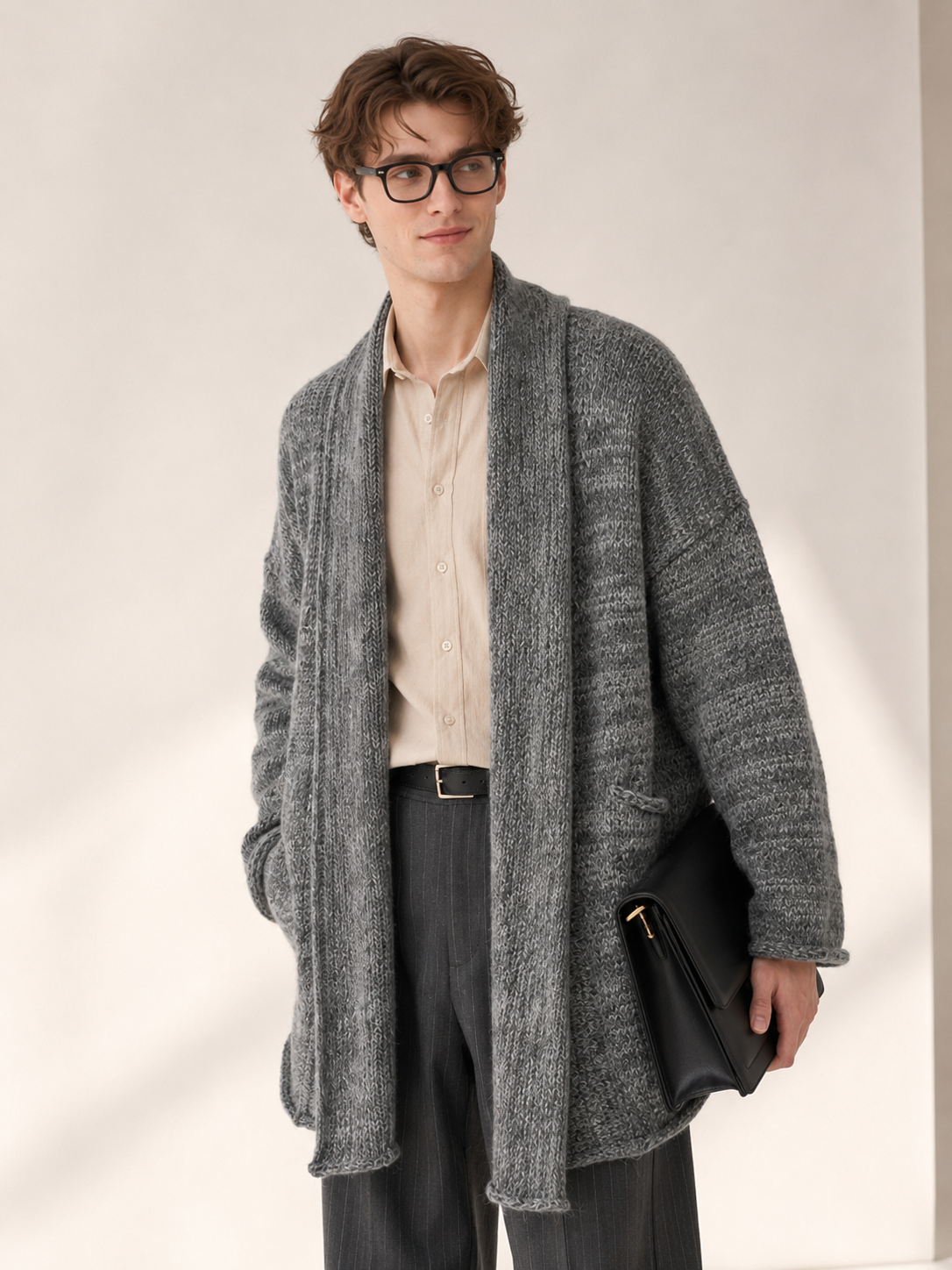 Unisex Wool Cashmere Blend Chunky Knit Cardigan Sweater Oversized Open Front