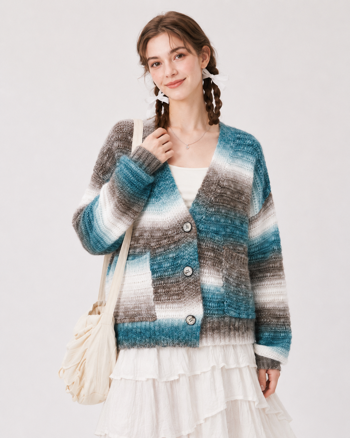 Women's Wool Cashmere Blend Gradient Yarn V Neck Short Cardigan Sweater