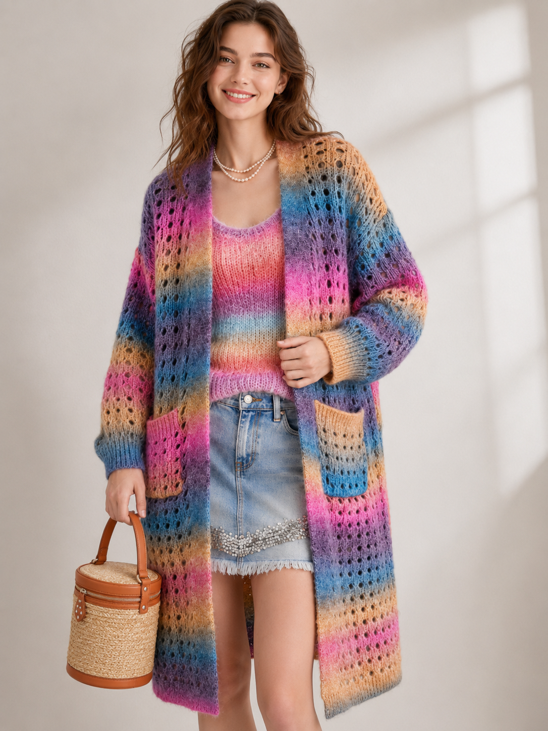 Women's Wool Blend Gradient Yarn Long Open Knit Cardigan Sweater