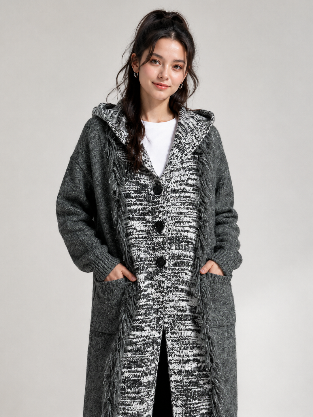 Women's Wool Blend Chunky Knit Hooded Long Cardigan Sweater