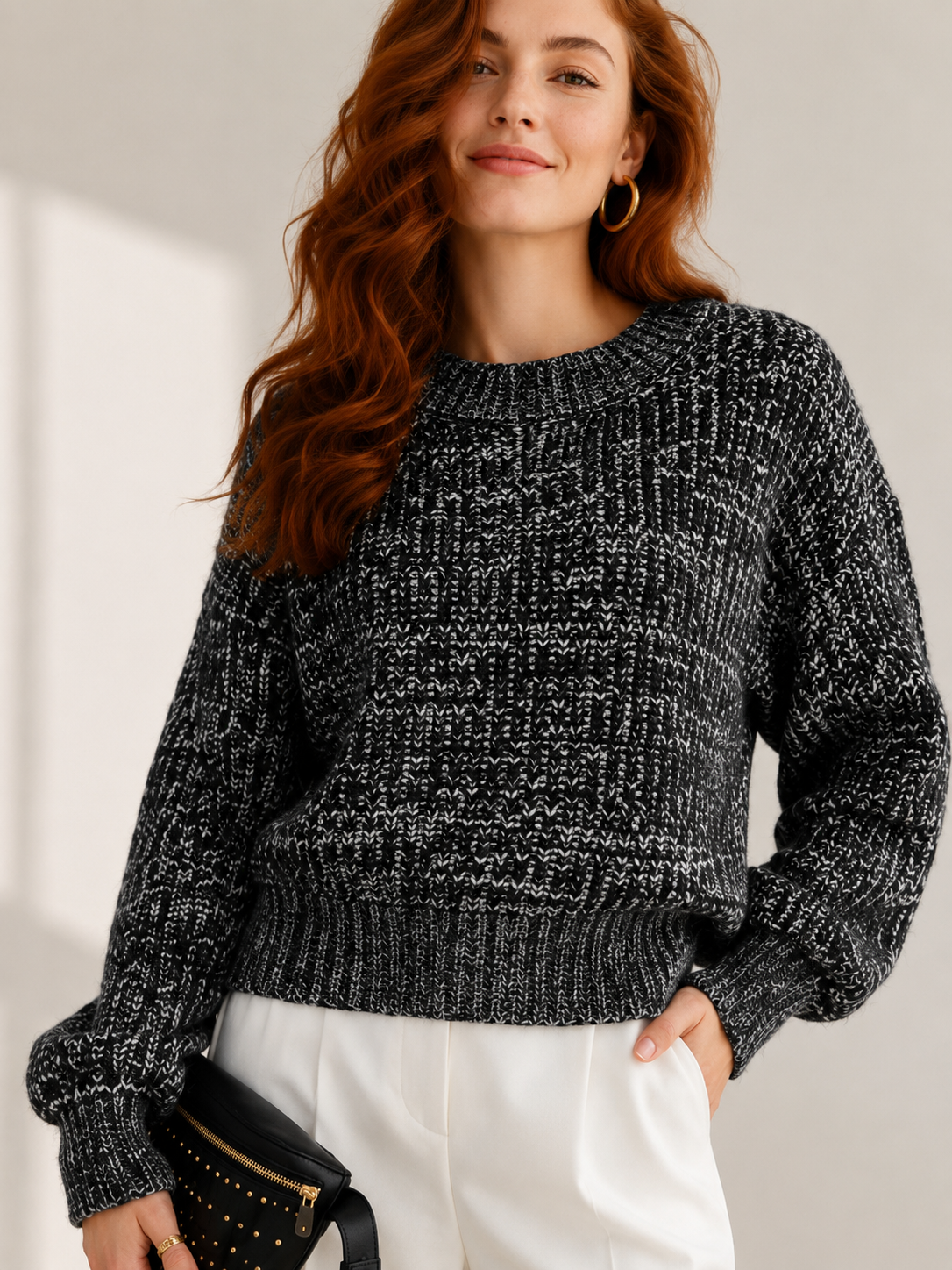 Women's Wool Blend Ribbed Knit Mock Neck Short Sweater