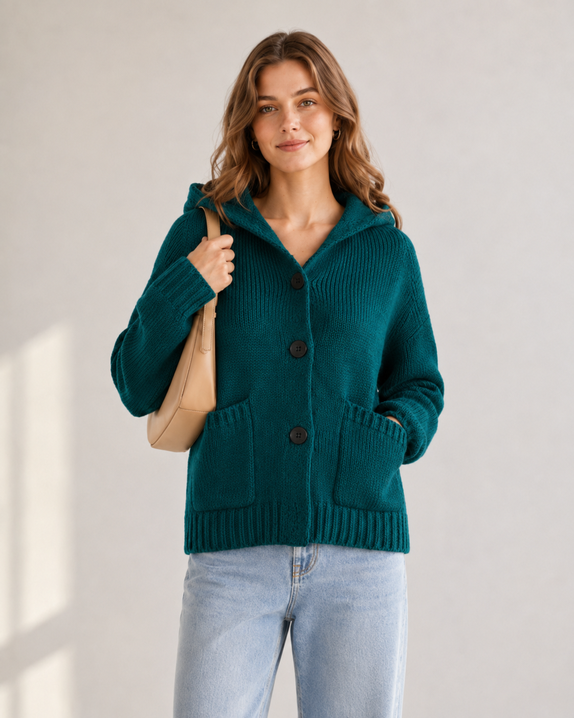 Women's Wool Blend Chunky Knit Hooded Short Cardigan Sweater