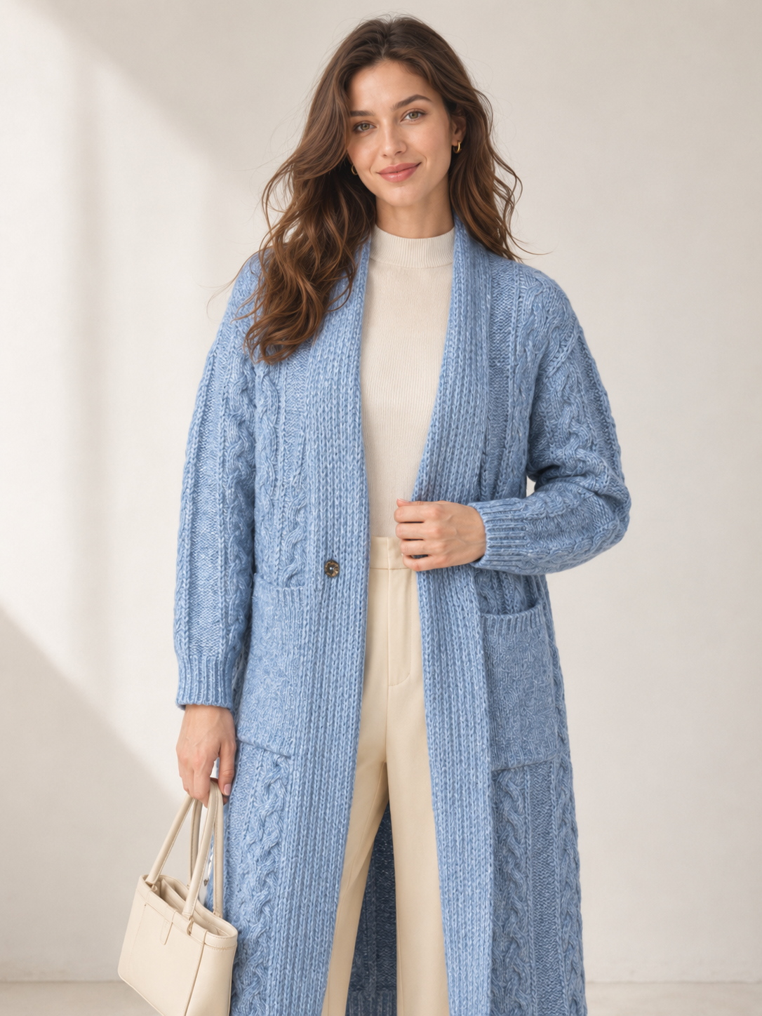 Women's Wool Blend Long Cable Knit Cardigan Sweater