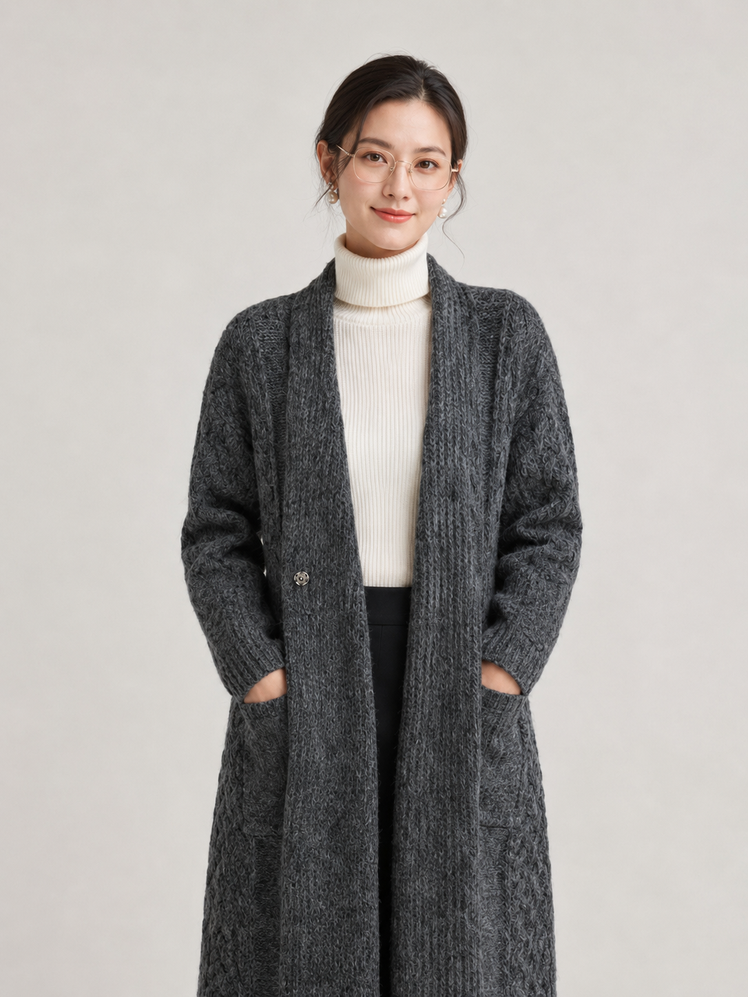 Women's Wool Blend Long Cable Knit Cardigan Sweater