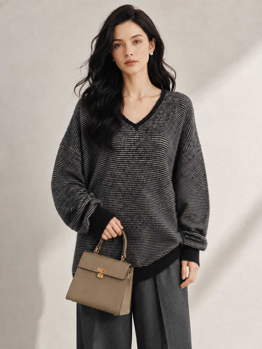 Women's Faux Mink Fur V Neck Striped Knit Sweater