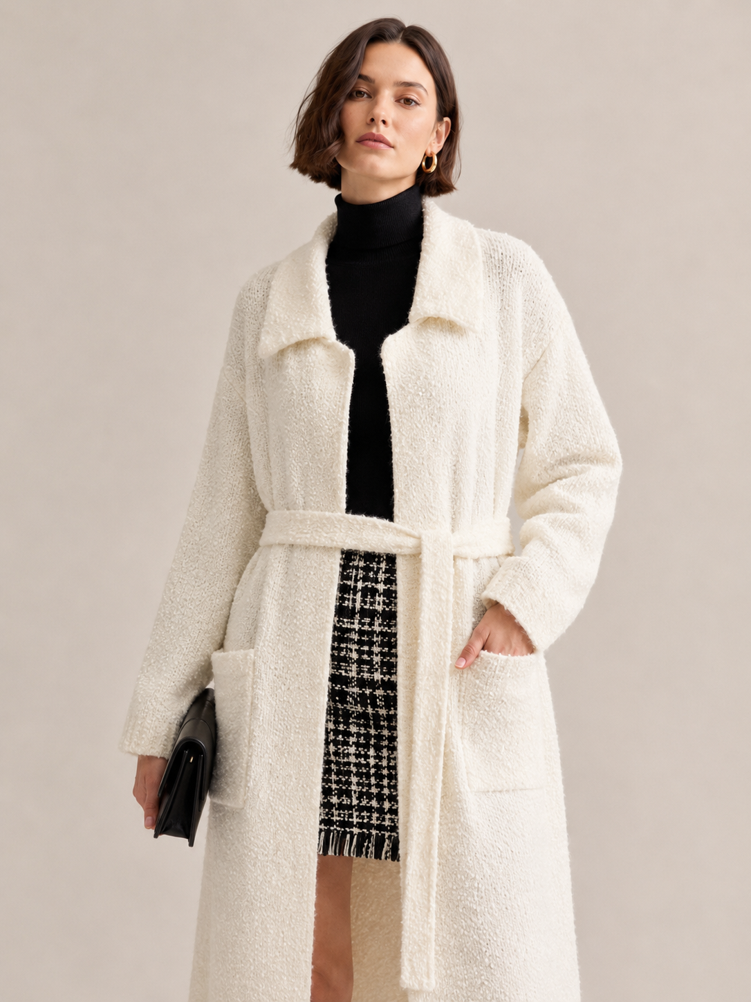 Women's Wool Blend Boucle Long Knit Coat Cardigan