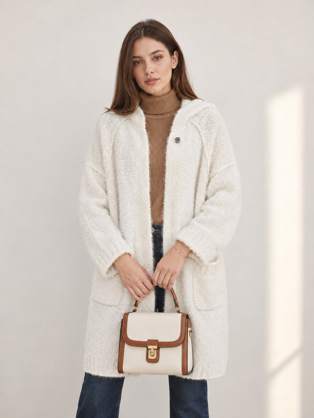 Women's Wool Blend Boucle Hooded Long Cardigan Coat