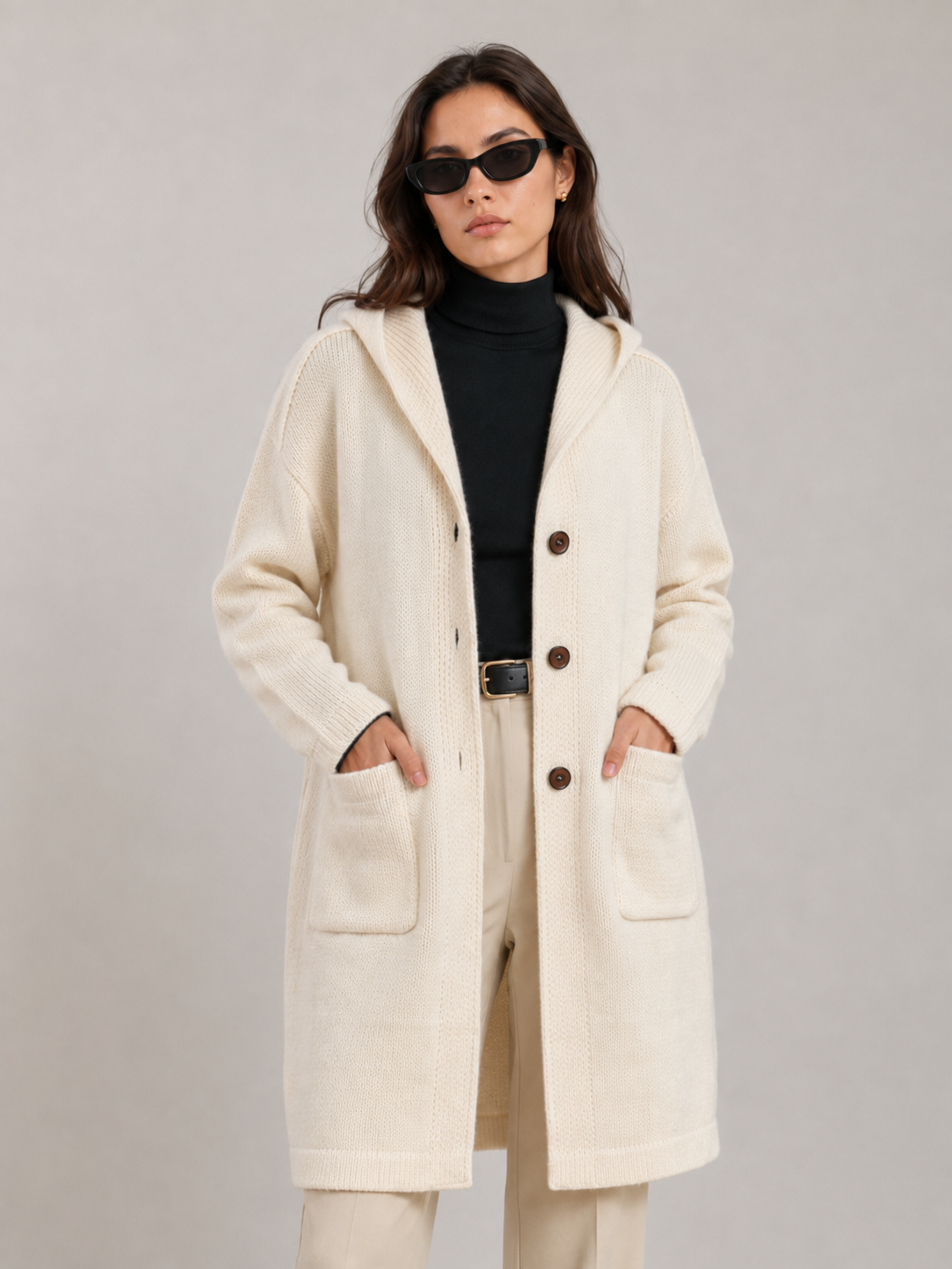 Women's Wool Blend Hooded Long Cardigan Coat with Wooden Buttons