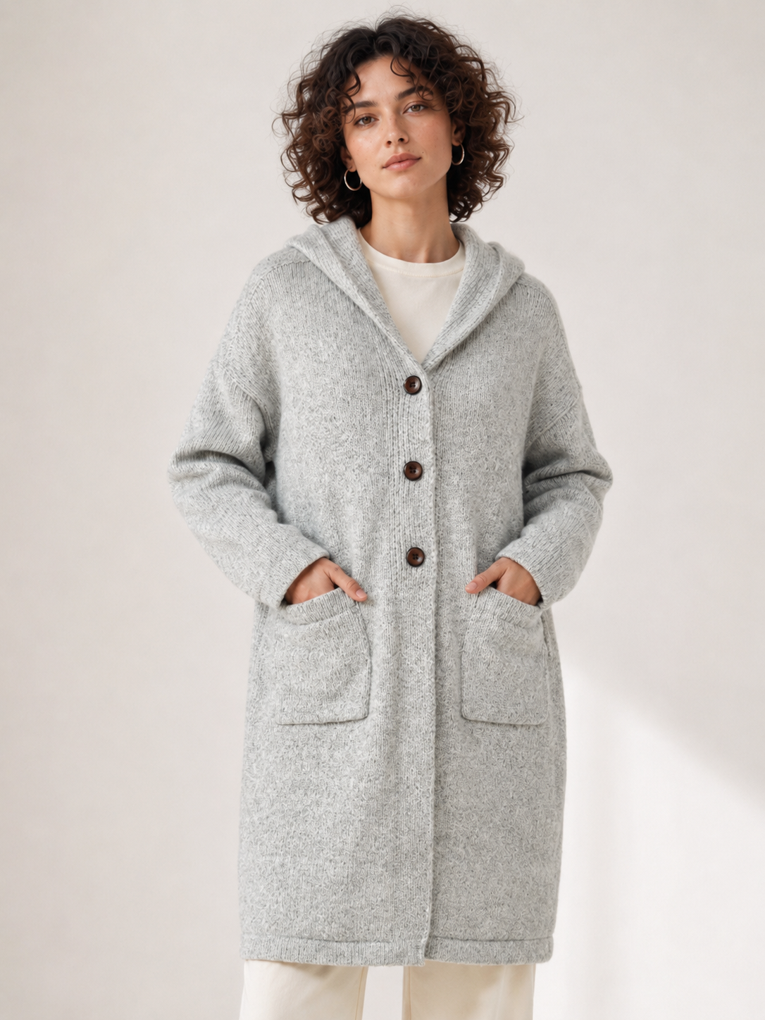 Women's Wool Blend Hooded Long Cardigan Coat with Wooden Buttons