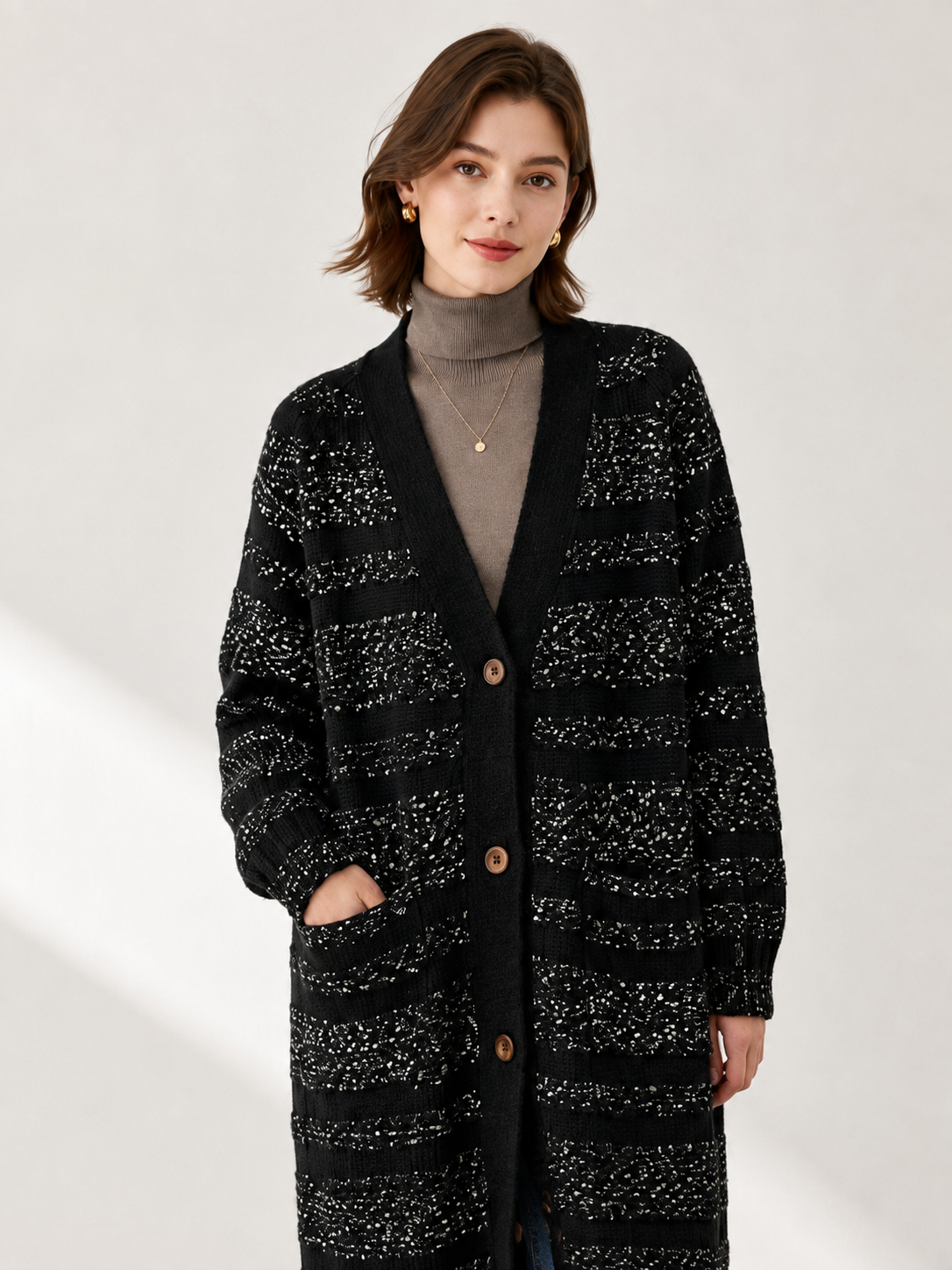 Women's Long Wool Blend Cardigan Coat with V Neck Wooden Buttons