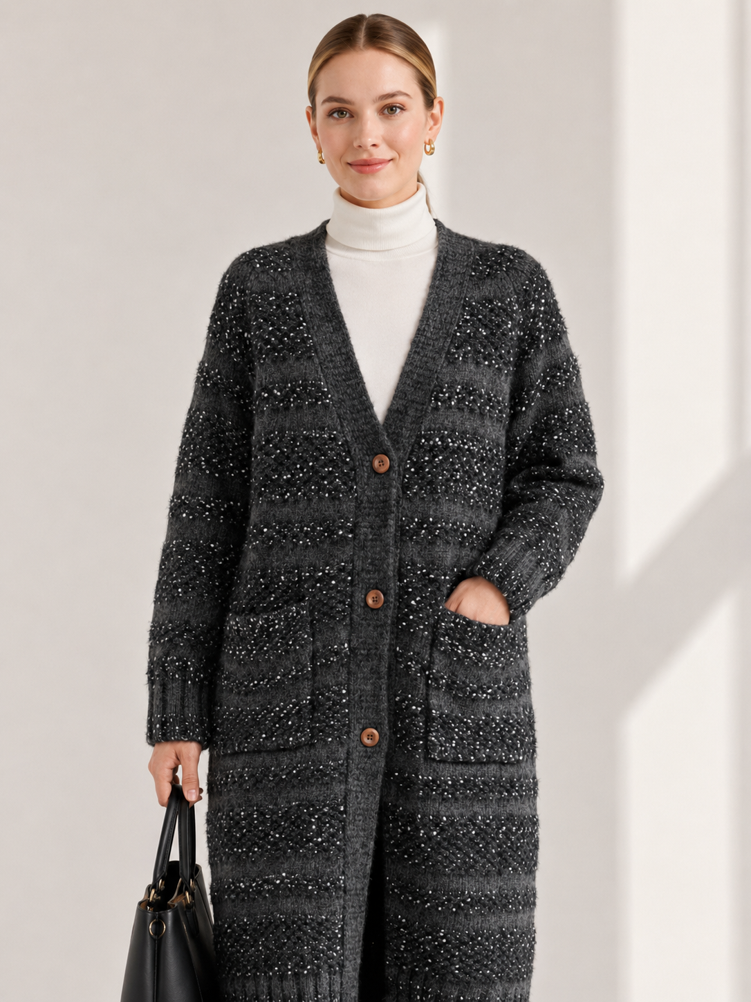 Women's Long Wool Blend Cardigan Coat with V Neck Wooden Buttons