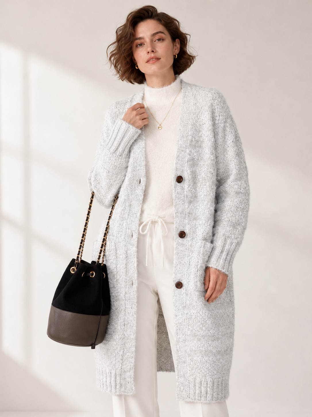 Women's Long Wool Blend Cardigan Coat with V Neck Wooden Buttons