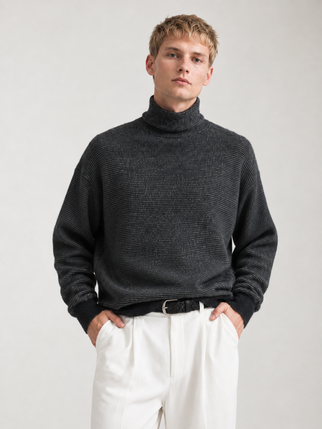 Men's Faux Mink Turtleneck Sweater with Horizontal Stripe Knit