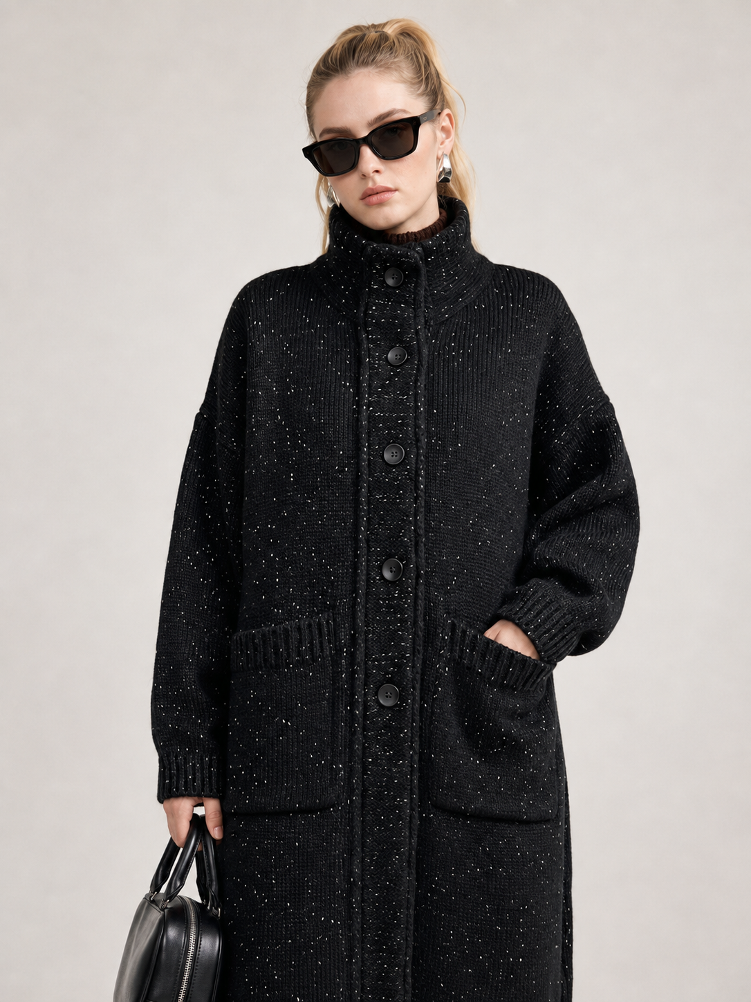 Women's Wool Blend Long Knit Cardigan Coat with Stand Collar & Multi Buttons