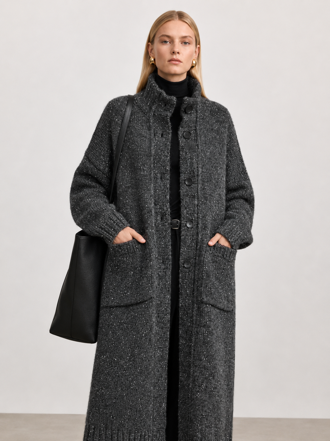 Women's Wool Blend Long Knit Cardigan Coat with Stand Collar & Multi Buttons