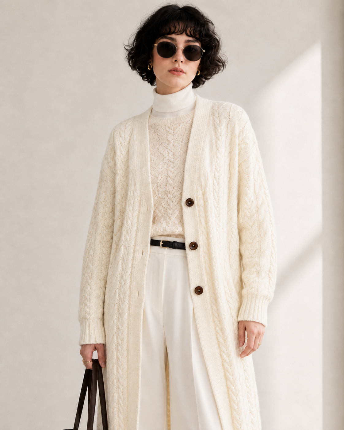 Women's Wool Blend Long Cable Knit Cardigan Coat with V Neck & Wooden Buttons