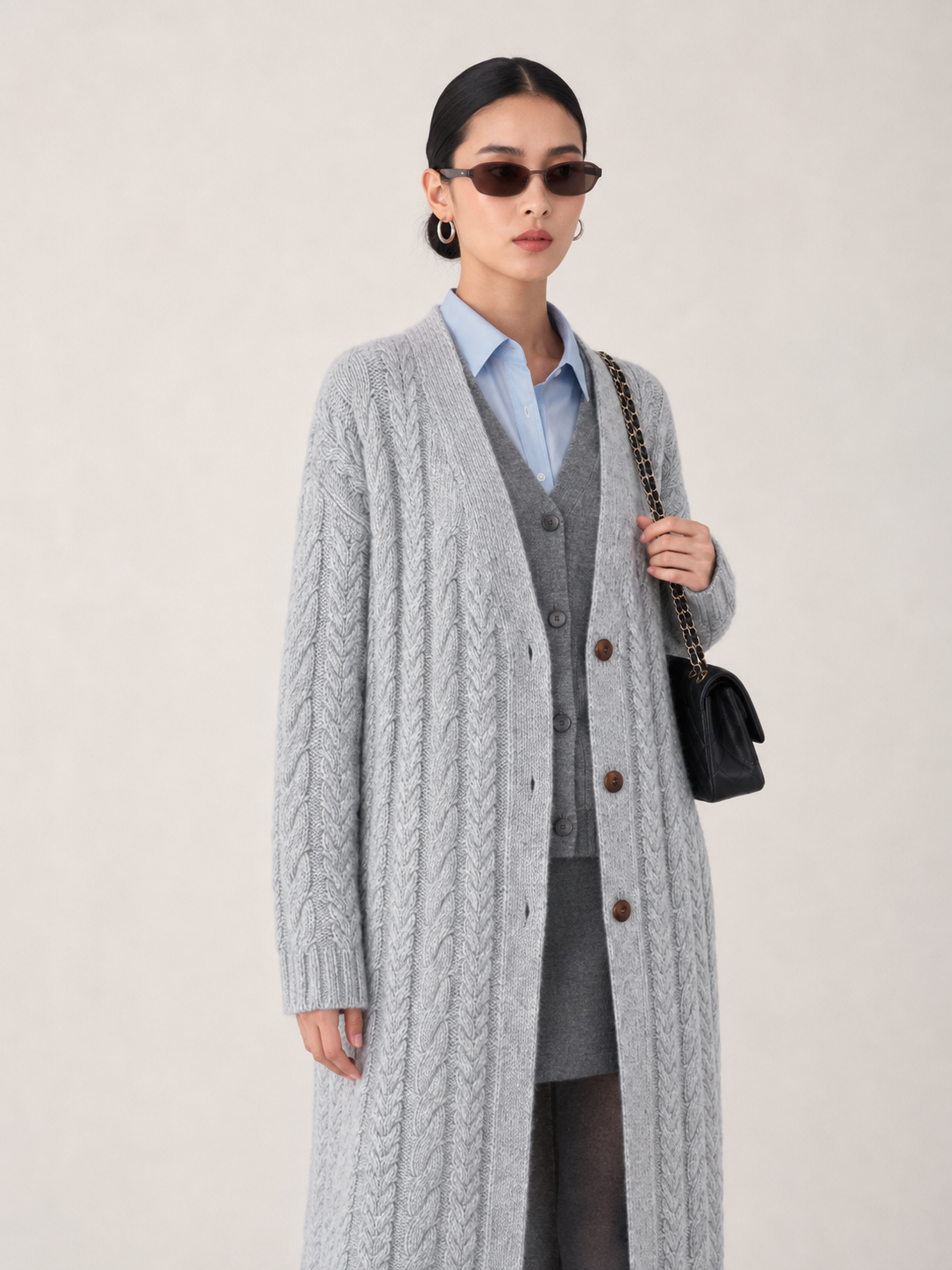Women's Wool Blend Long Cable Knit Cardigan Coat with V Neck & Wooden Buttons