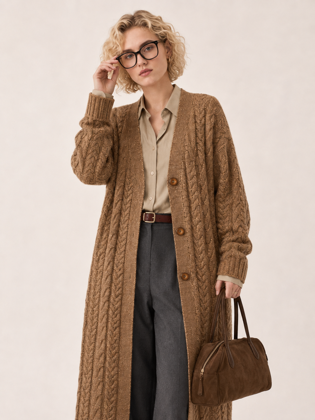 Women's Wool Blend Long Cable Knit Cardigan Coat with V Neck & Wooden Buttons
