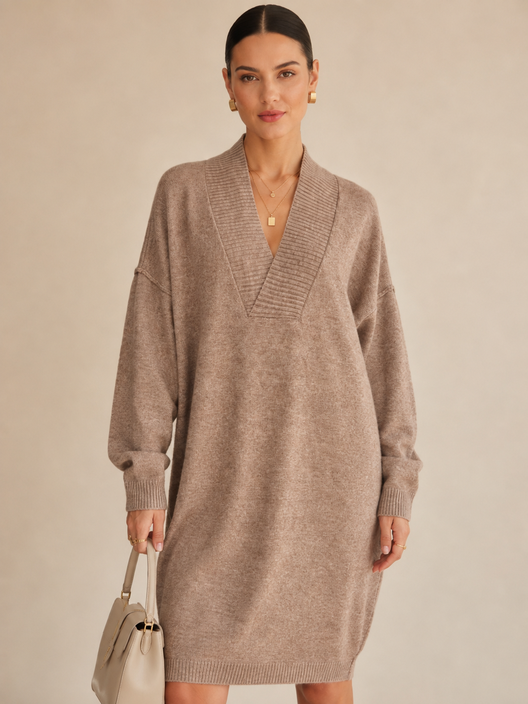 Women's Faux Cashmere V Neck Knit Dress