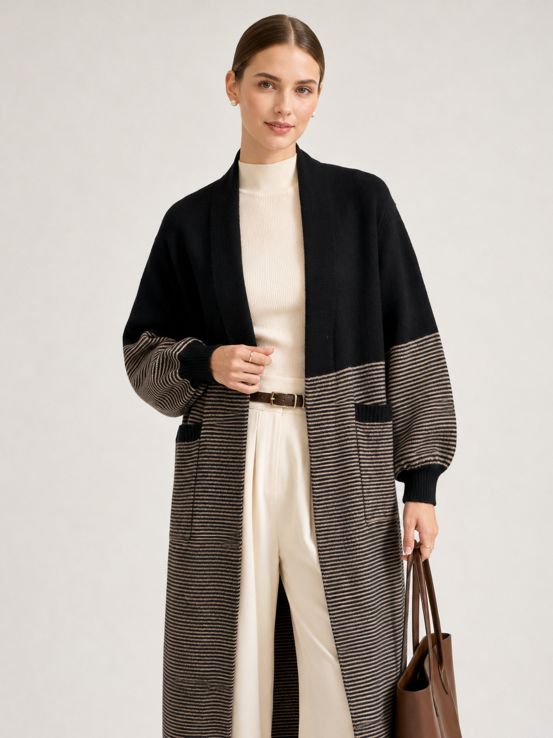 Women's Wool Blend Long Cardigan Coat with Contrast Stripes