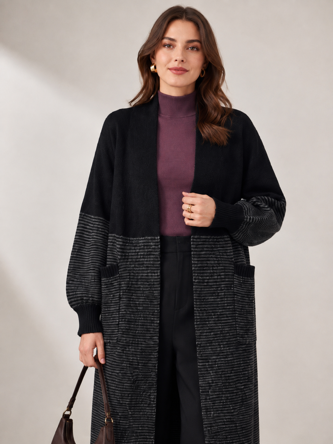 Women's Wool Blend Long Cardigan Coat with Contrast Stripes