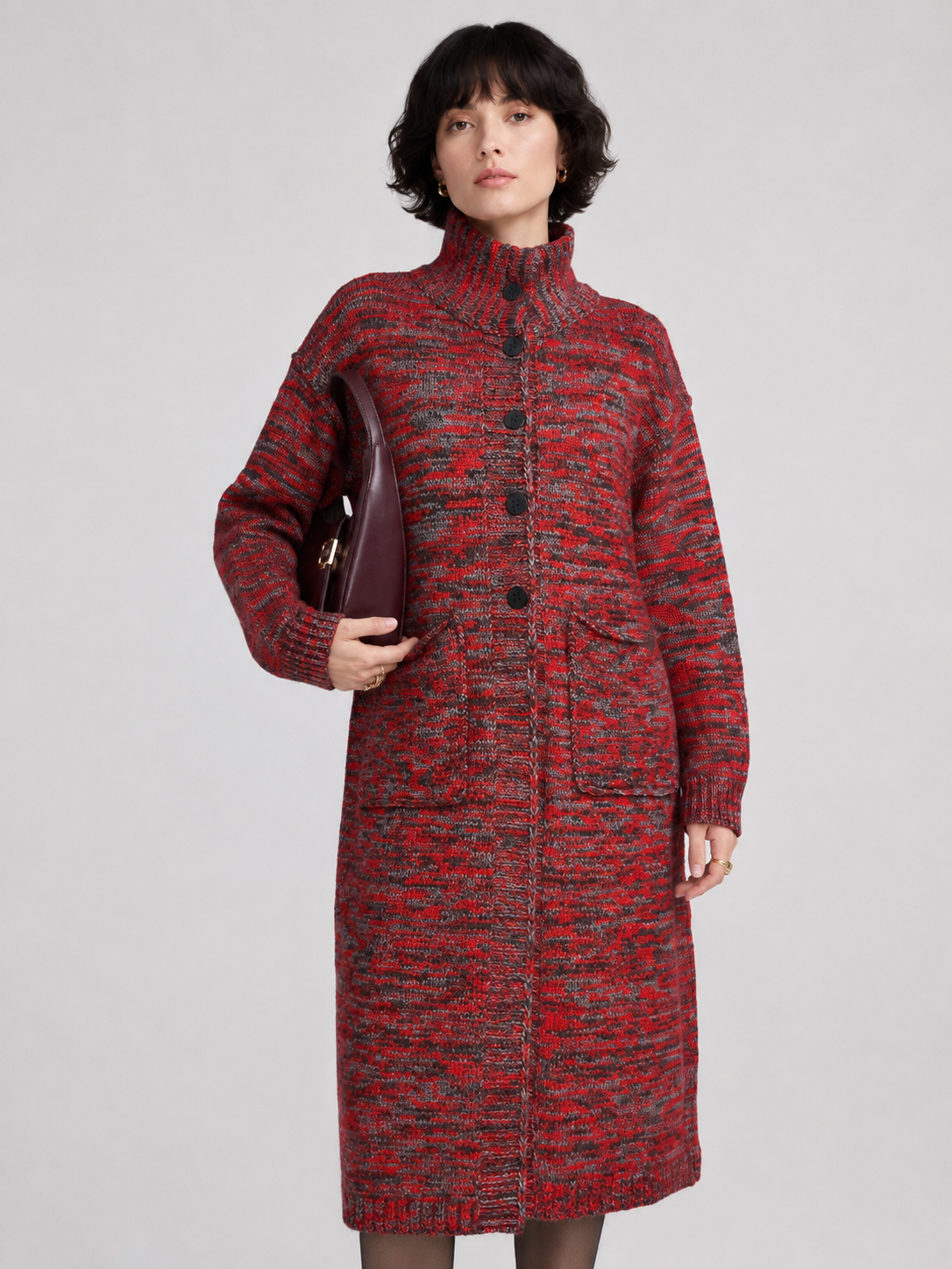 Women's Wool Blend High Neck Long Knit Coat Cardigan with Multi Buttons
