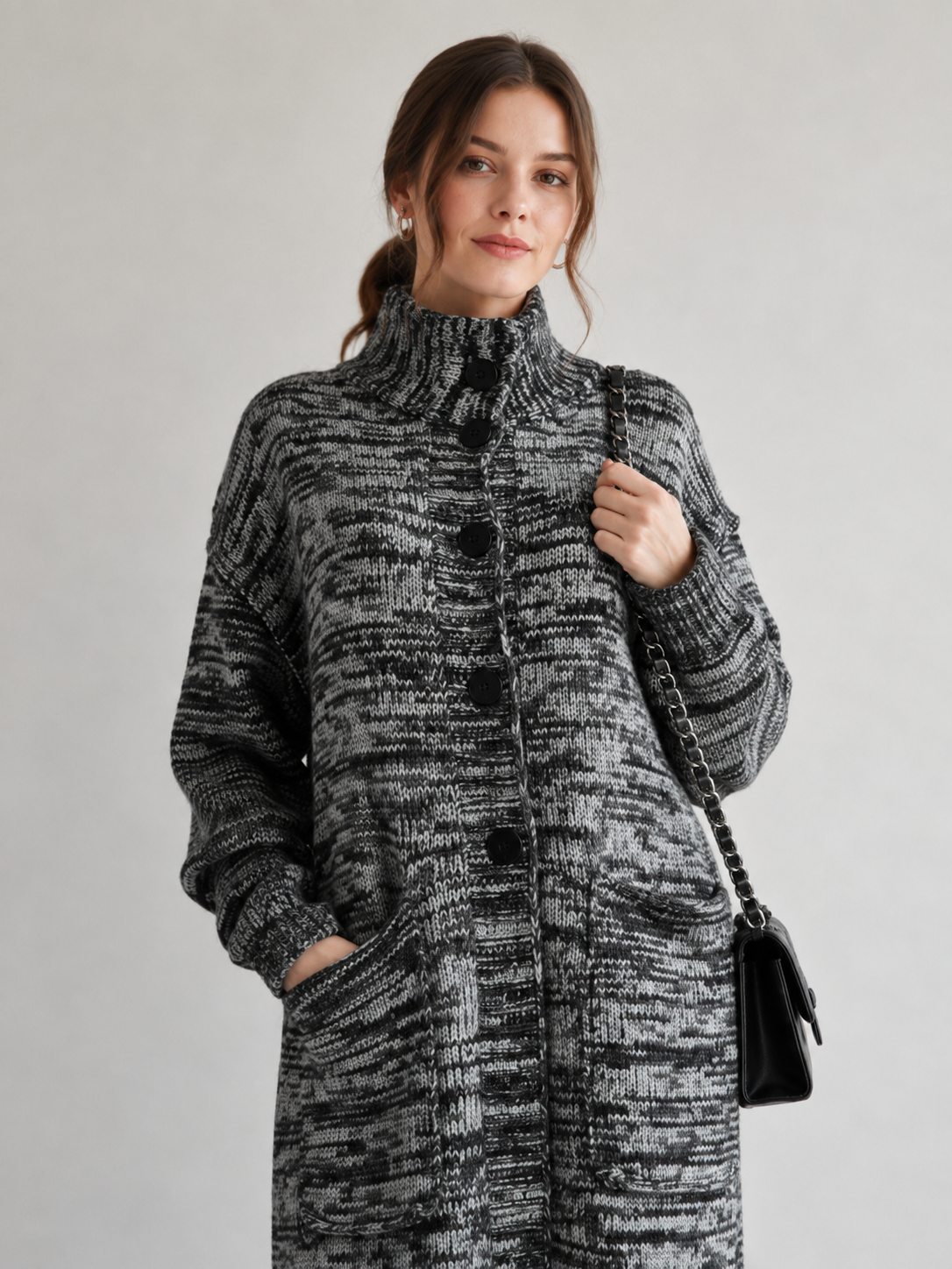 Women's Wool Blend High Neck Long Knit Coat Cardigan with Multi Buttons