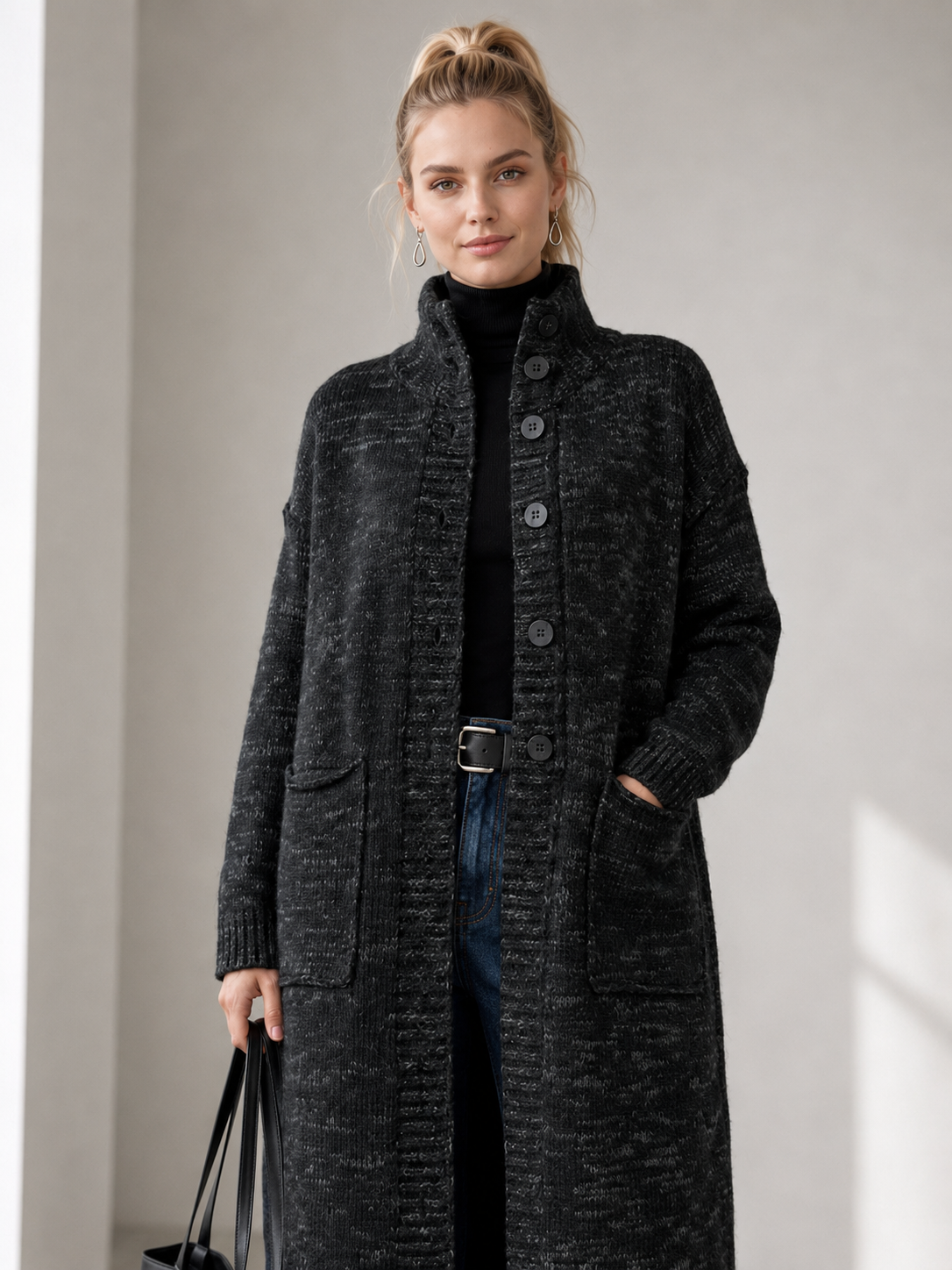 Women's Wool Blend High Neck Long Knit Coat Cardigan with Multi Buttons