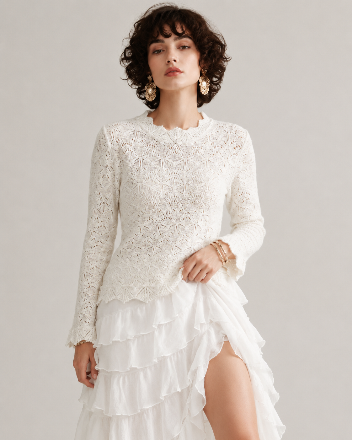 Women's French Vintage Crochet Knit Top