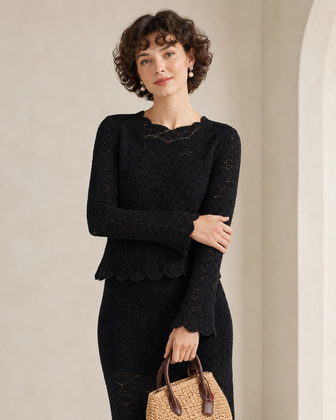 Women's French Vintage Crochet Knit Top