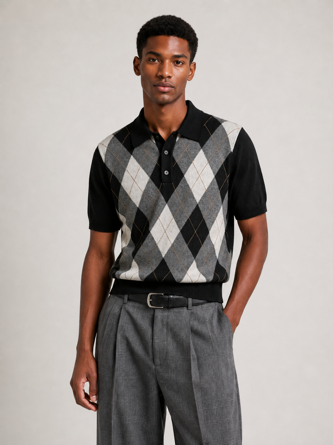 Wool Blend Polo Knit Shirt Argyle Diamond Jacquard Short Sleeve Retro Top