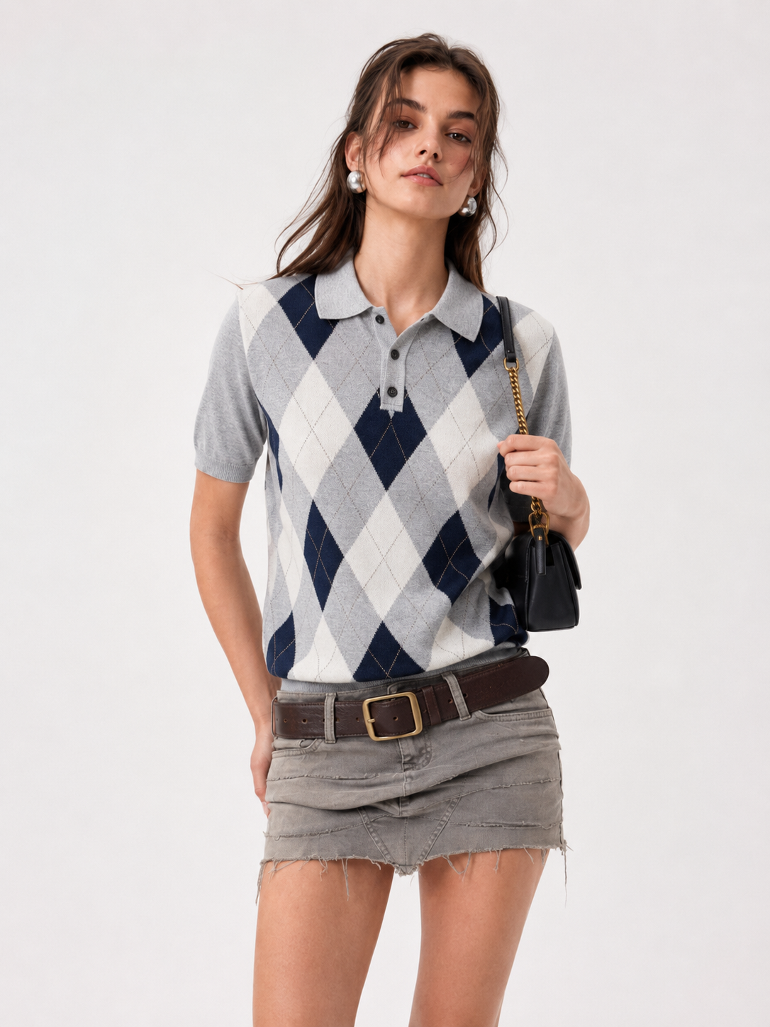 Wool Blend Polo Knit Shirt Argyle Diamond Jacquard Short Sleeve Retro Top