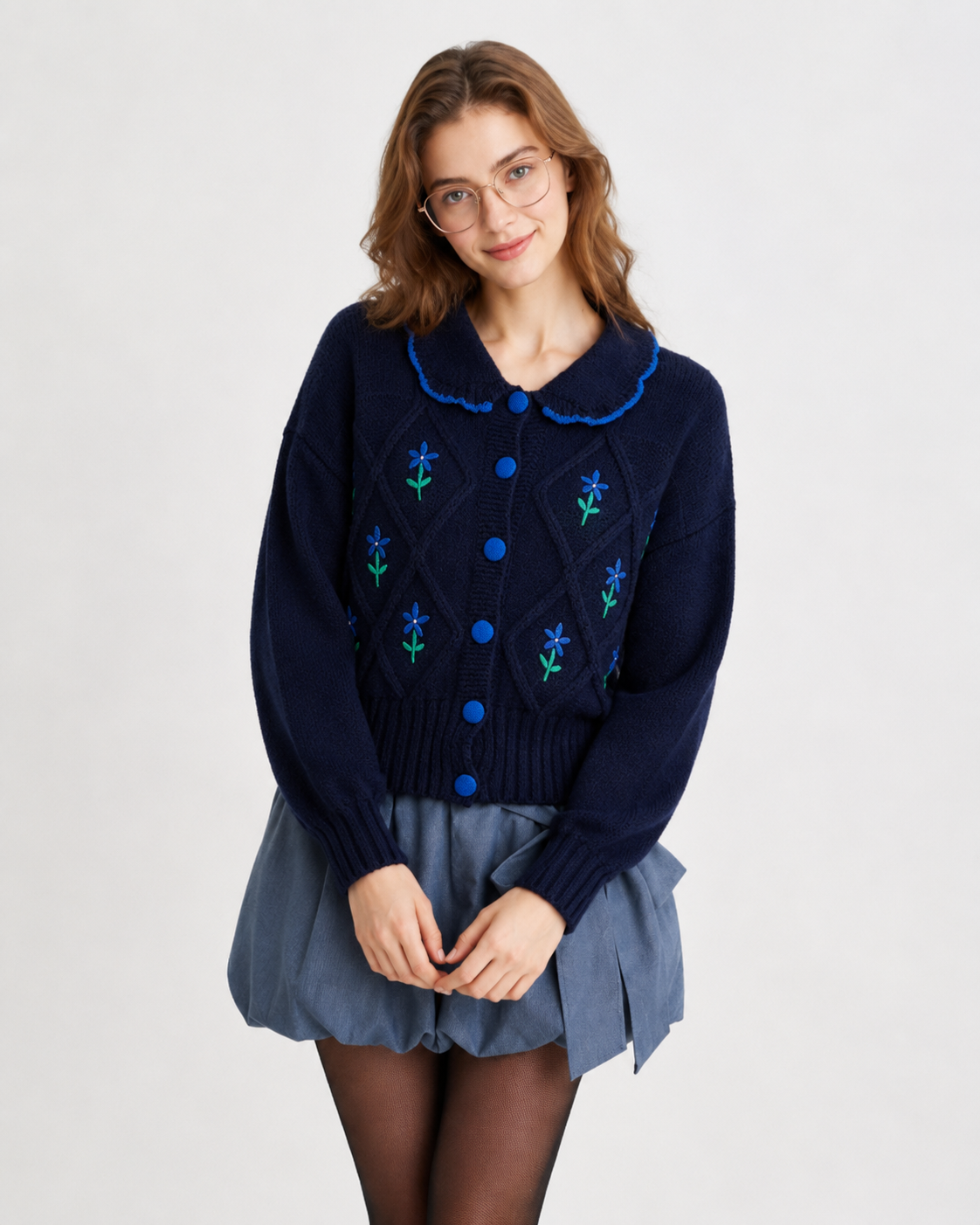 Women’s Jacquard Knit Cardigan Vintage Doll Collar Sweater