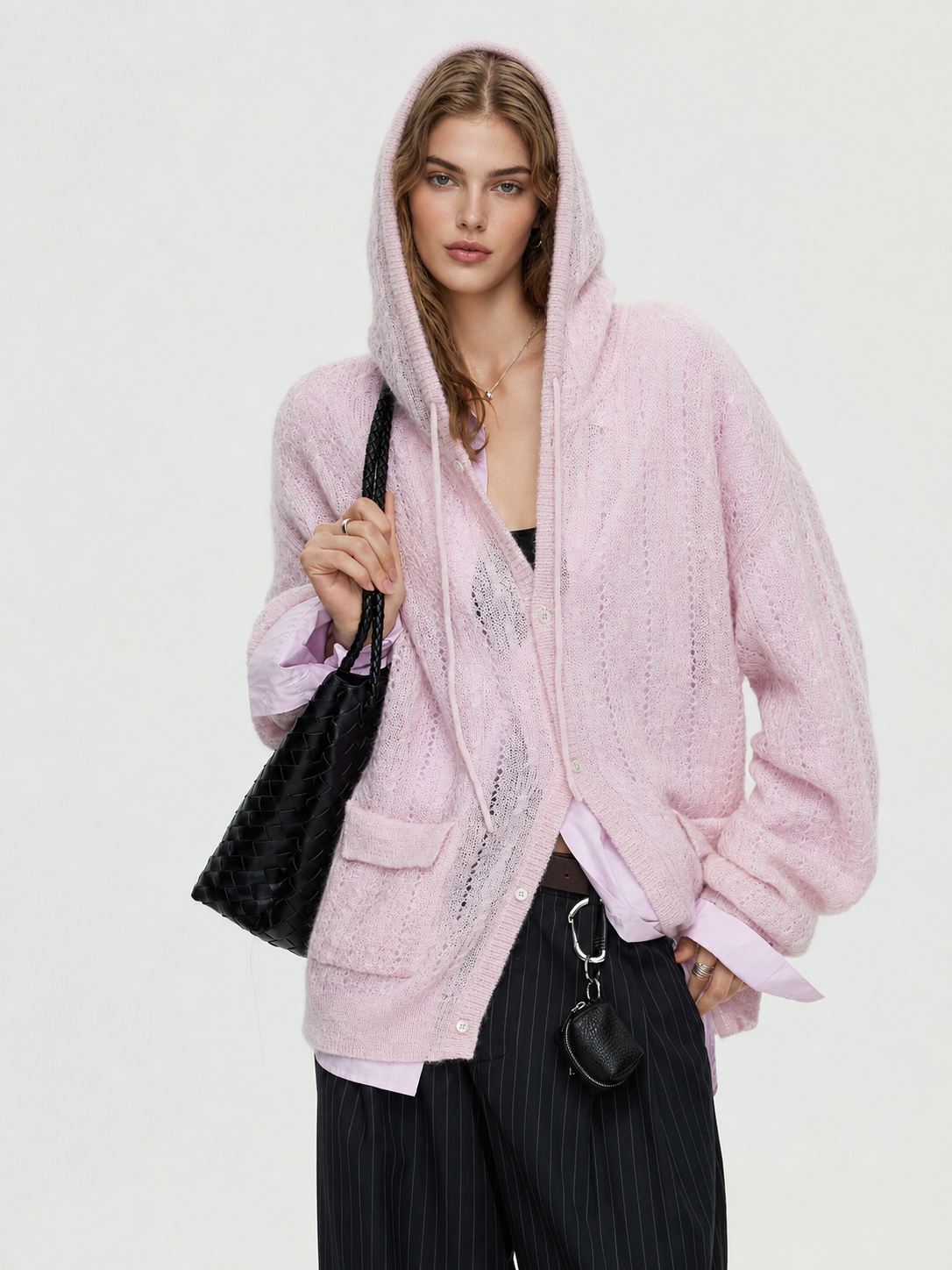 Baby Mohair Wool Blend Hoodie Sweater Cable Knit Cardigan