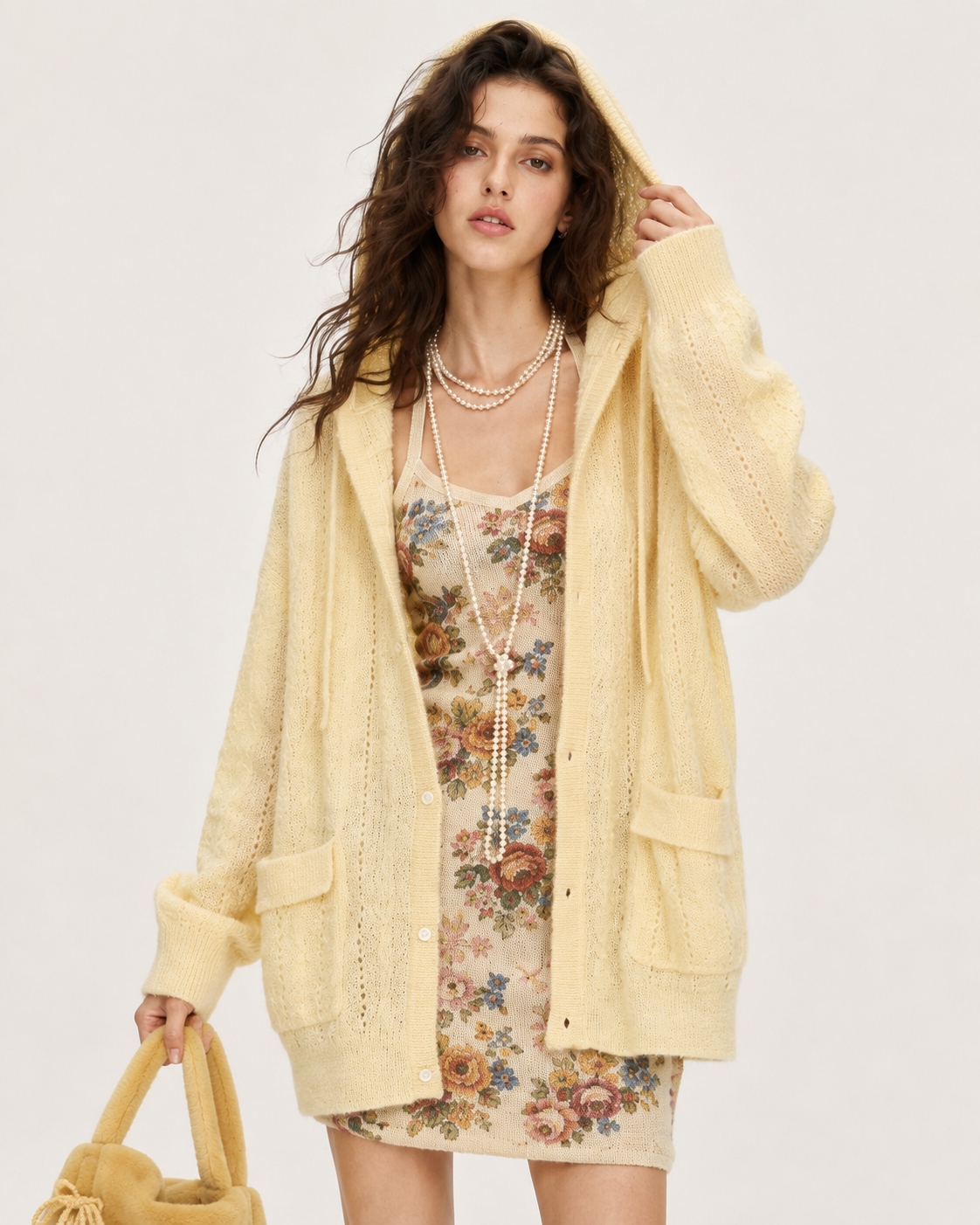 Baby Mohair Wool Blend Hoodie Sweater Cable Knit Cardigan