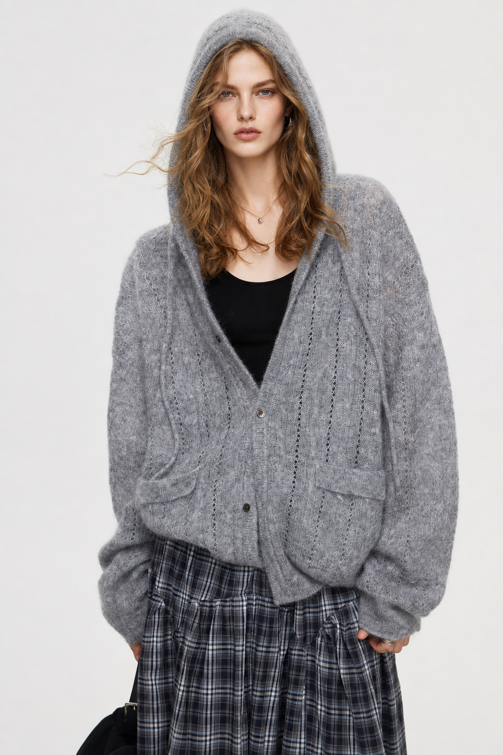 Baby Mohair Wool Blend Hoodie Sweater Cable Knit Cardigan