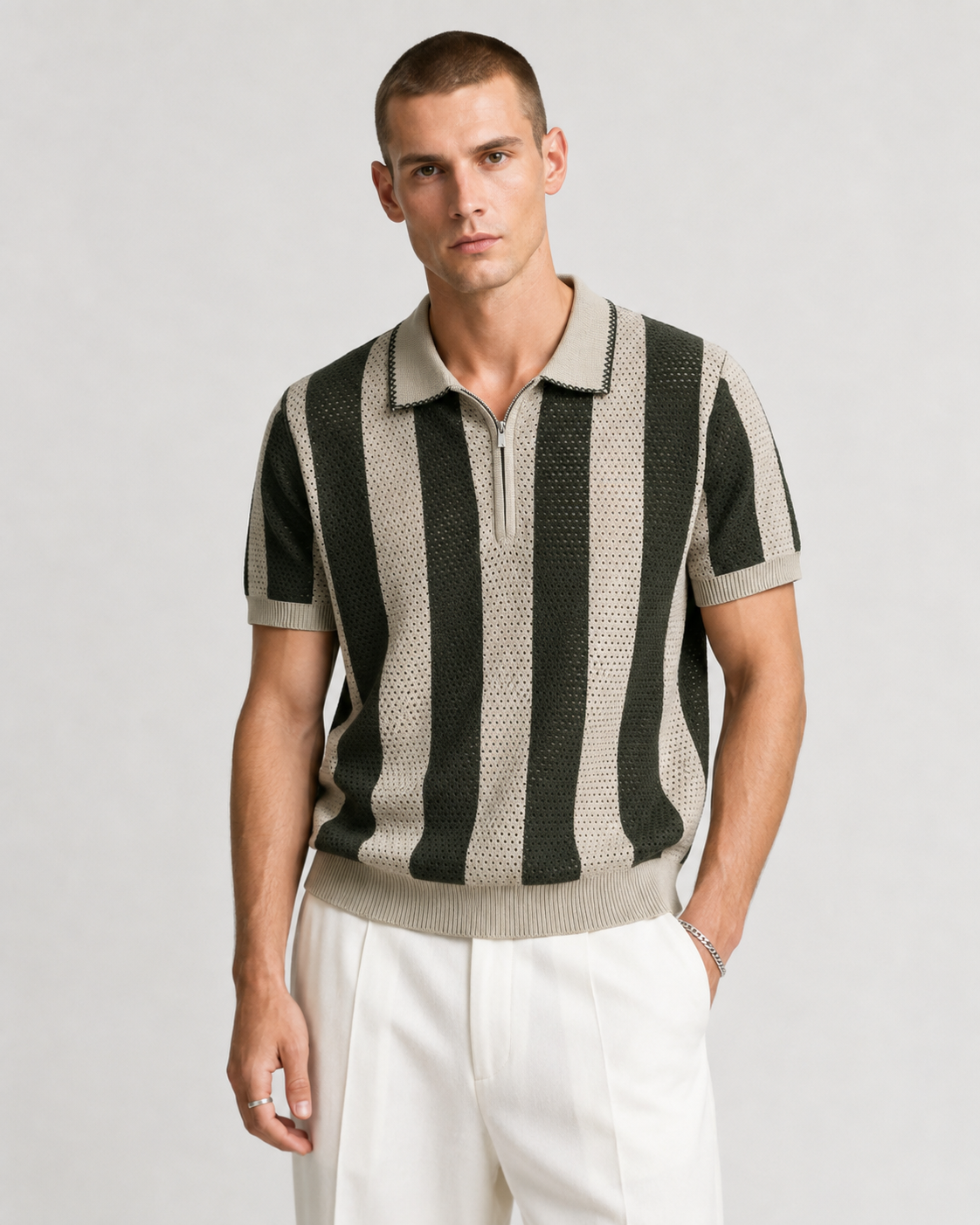 Men’s Cooling Knit Polo Shirt Striped Zip Short Sleeve Top
