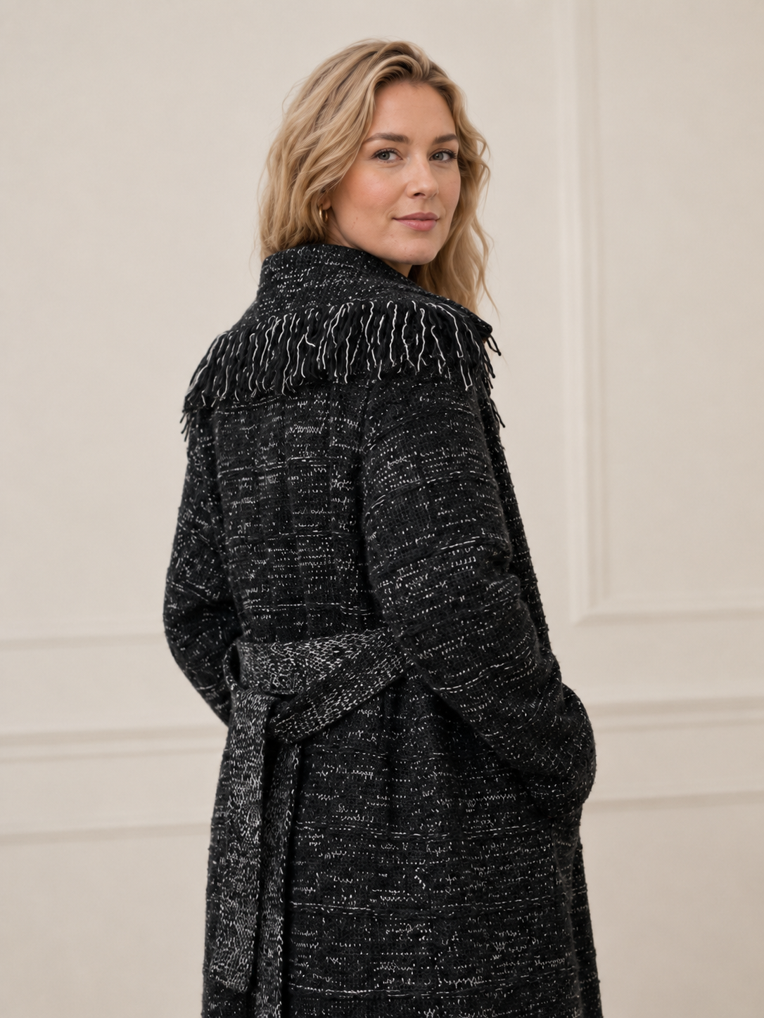 Women's Wool Blend Long Cardigan Sweater with Fringe Detail Belt