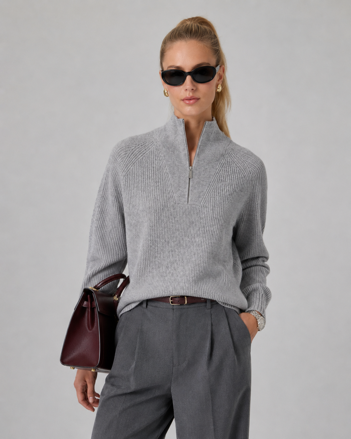 Unisex Wool Blend Half-Zip Stand Collar Sweater