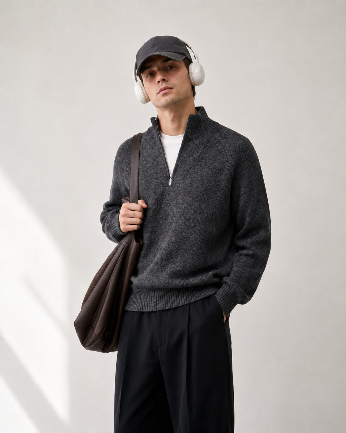 Unisex Wool Blend Half-Zip Stand Collar Sweater